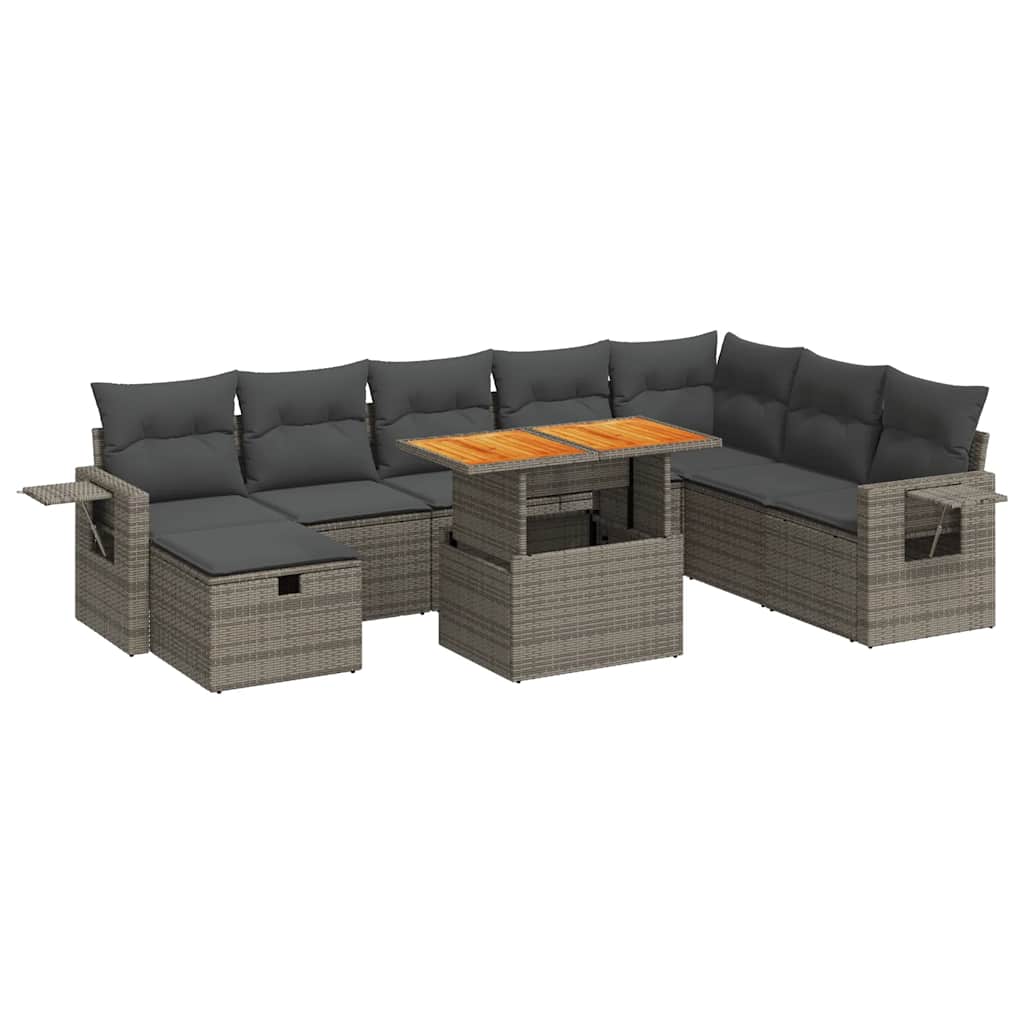 9-dijelni set vrtnih sofa poliratan i bagrem s jastucima sivi