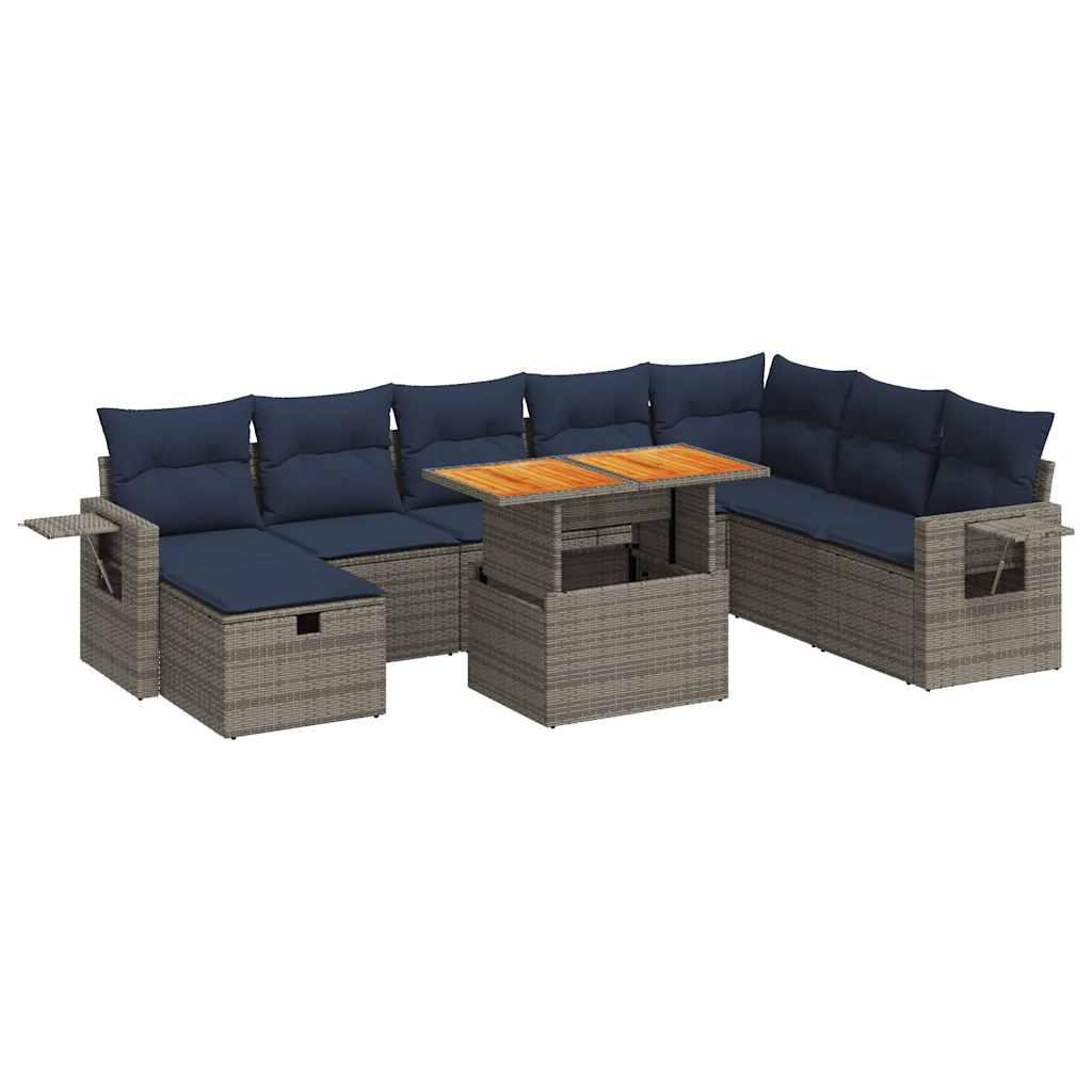 9-dijelni set vrtnih sofa poliratan i bagrem s jastucima sivi