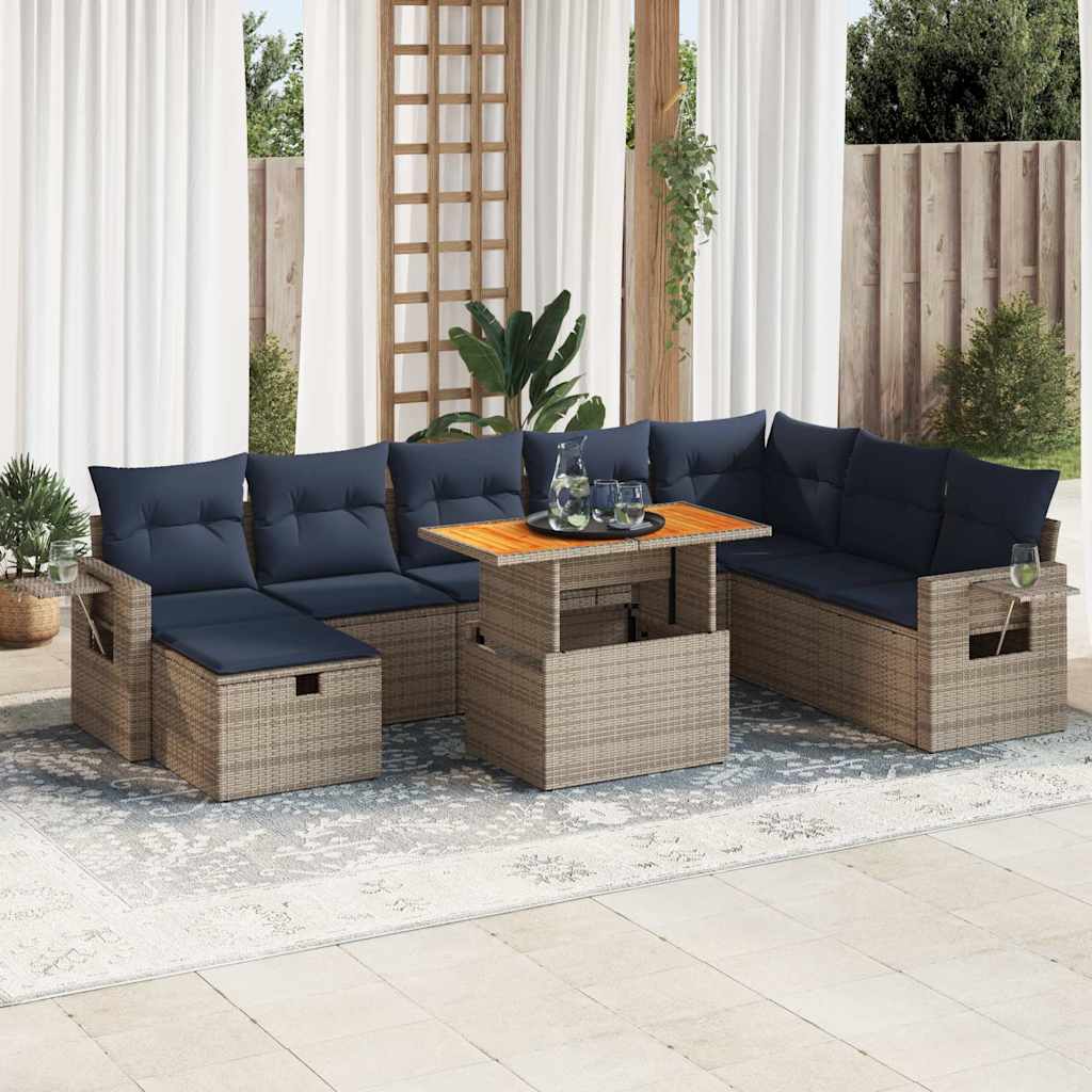 9-dijelni set vrtnih sofa poliratan i bagrem s jastucima sivi
