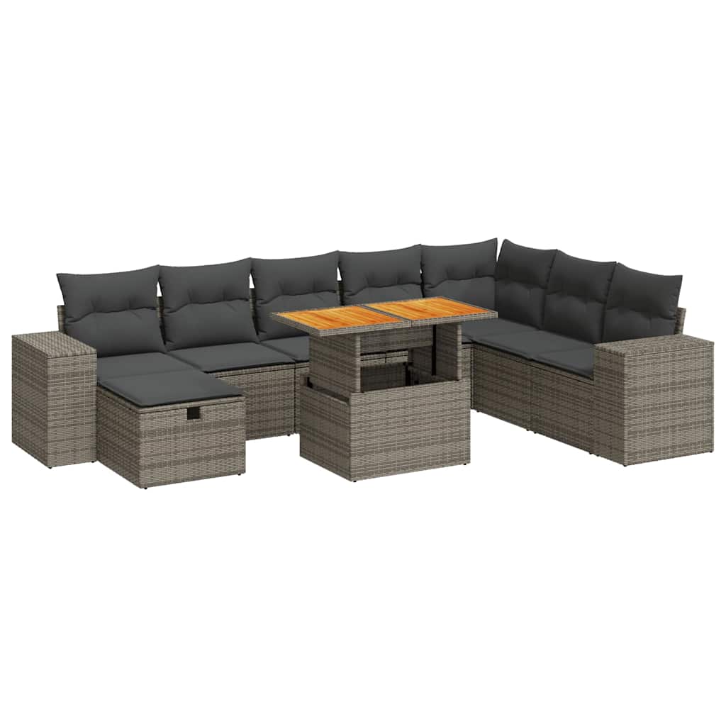 9-dijelni set vrtnih sofa poliratan i bagrem s jastucima sivi