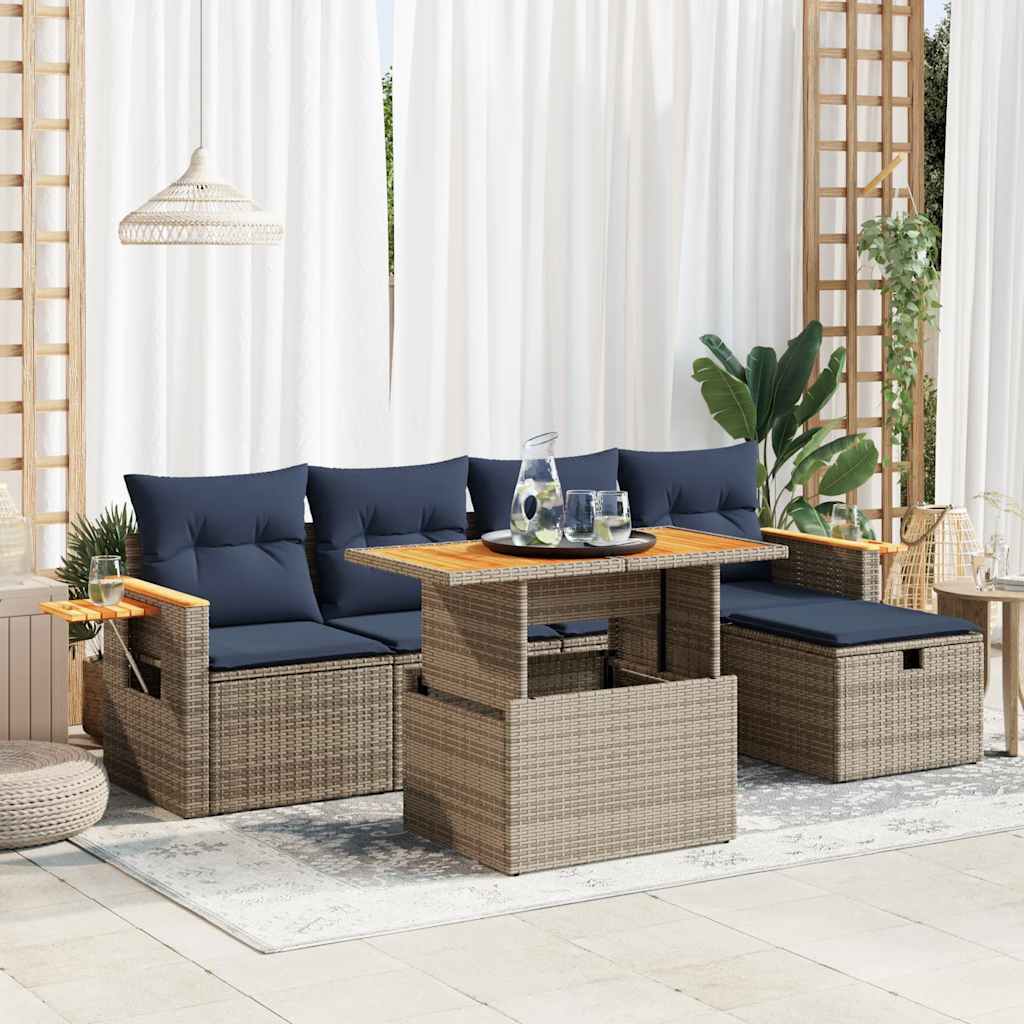 6-dijelni set vrtnih sofa poliratan i bagrem s jastucima sivi