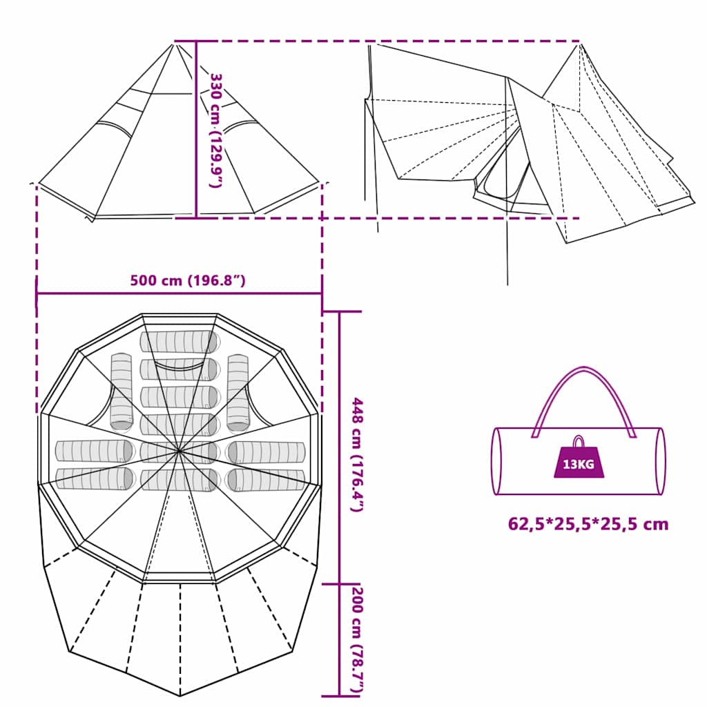 Tipi šator s krovom s pohranom Zelena 510 x 690 x 330 cm taft