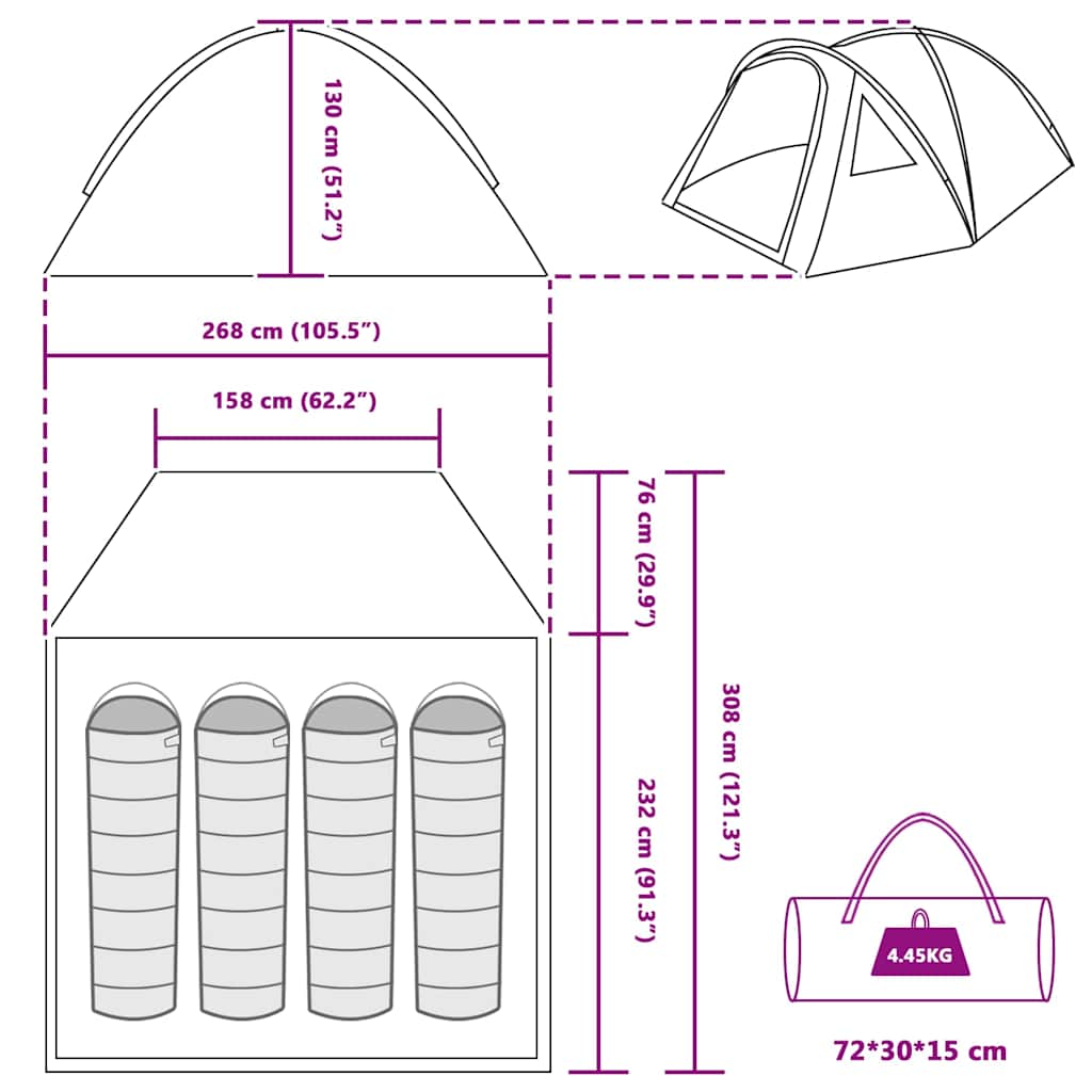 Kamping šator s krovom Zelena 308 x 268 x 130 cm Poliester