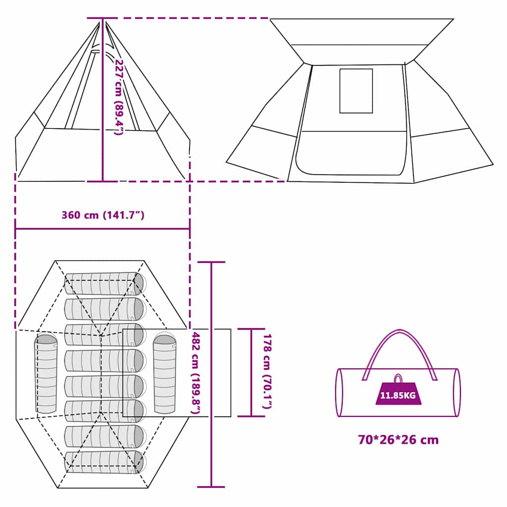 Kamping šator s krovom Zelena 482 x 360 x 227 cm taft