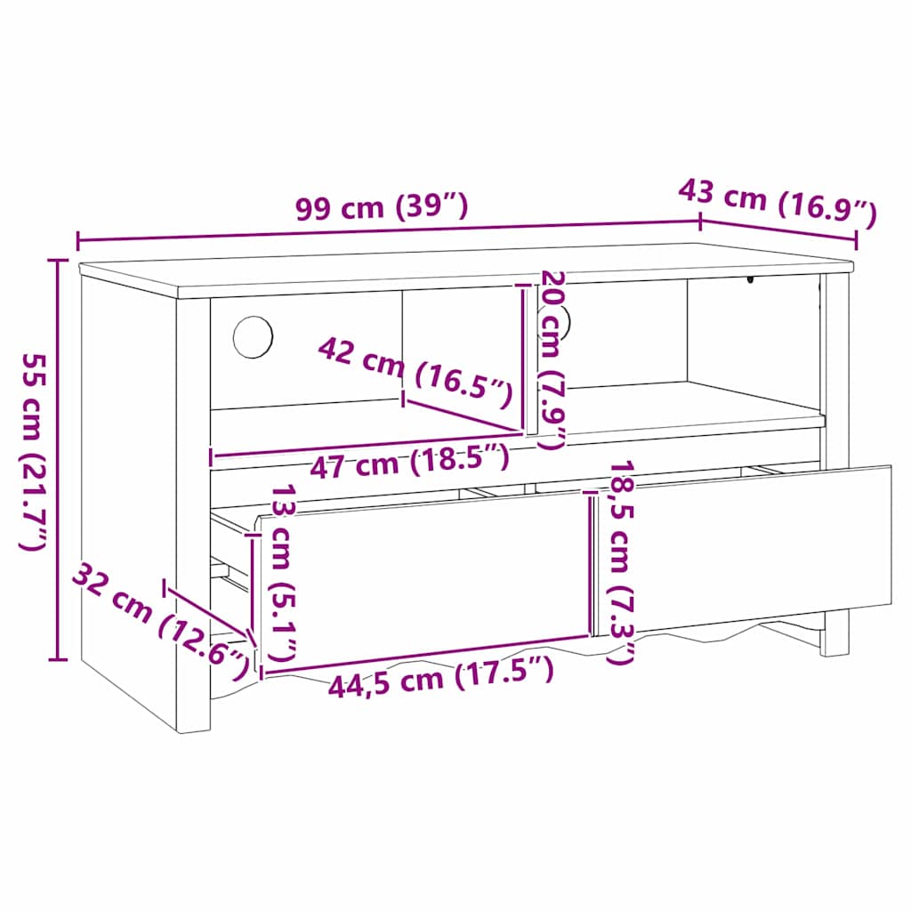 TV ormar Drammen Bijelo 99 x 43 x 55 cm Čvrsto borovo drvo