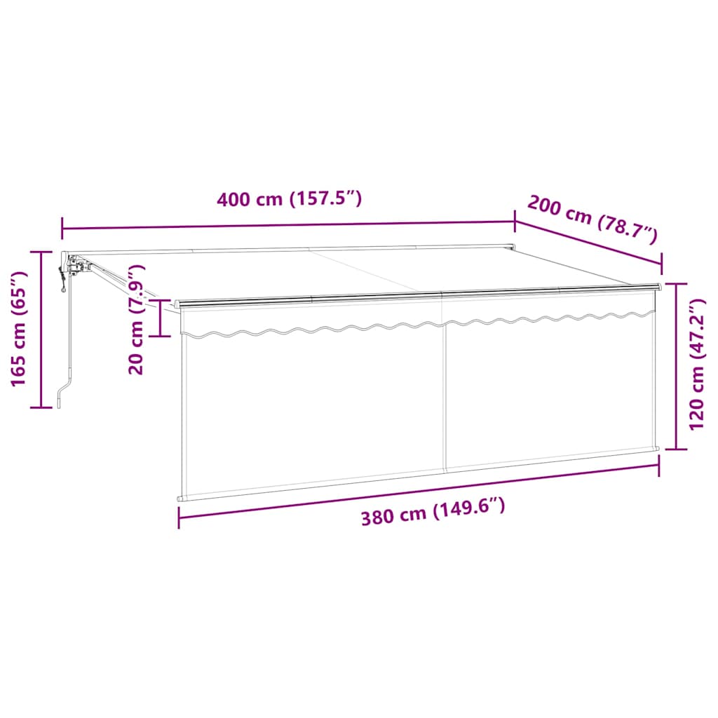 Skrovita tenda Krema 400 x 200 cm Poliester i aluminij