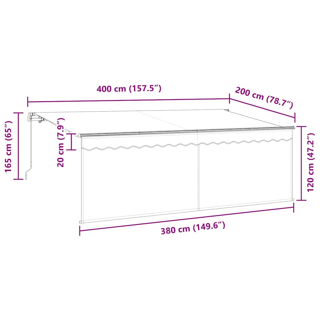 Skrovita tenda Krema 400 x 200 cm Poliester i aluminij