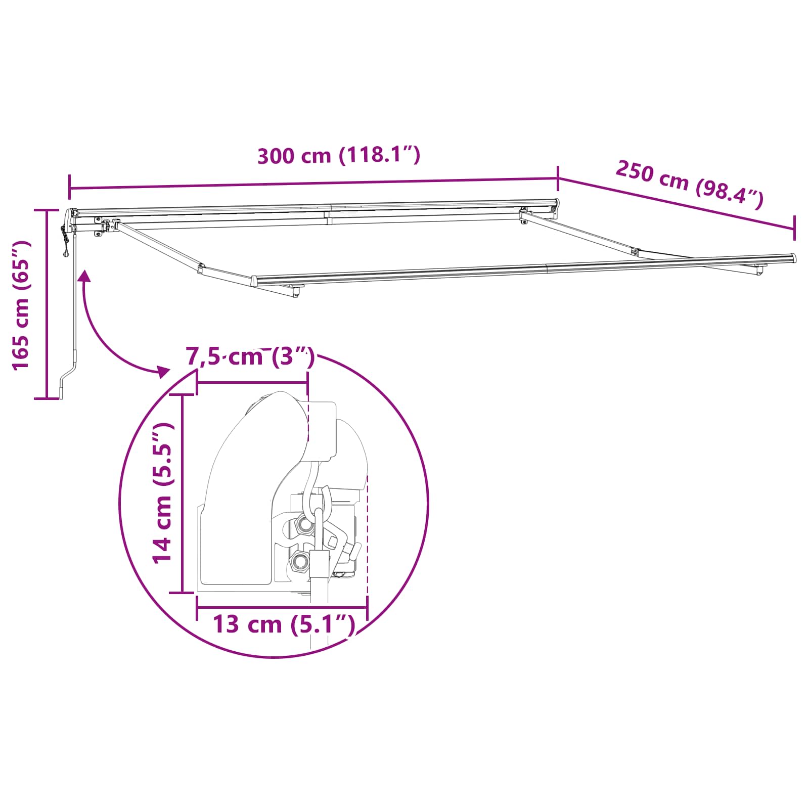 Skrovita tenda Bijelo 300 x 250 cm Tkanina i Aluminij