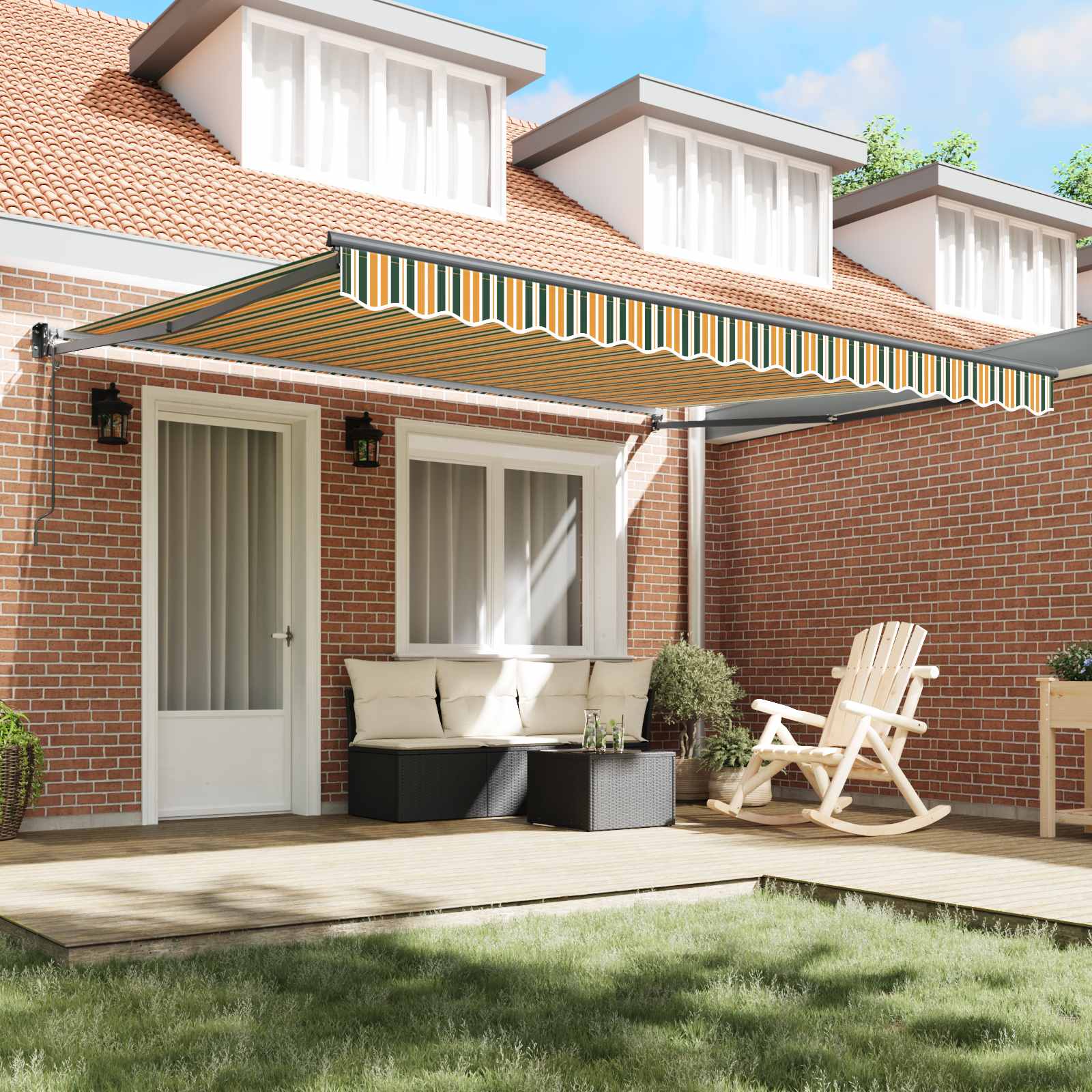 Skrovita tenda Zelena i bijela 400 × 350 cm Poliester i metal