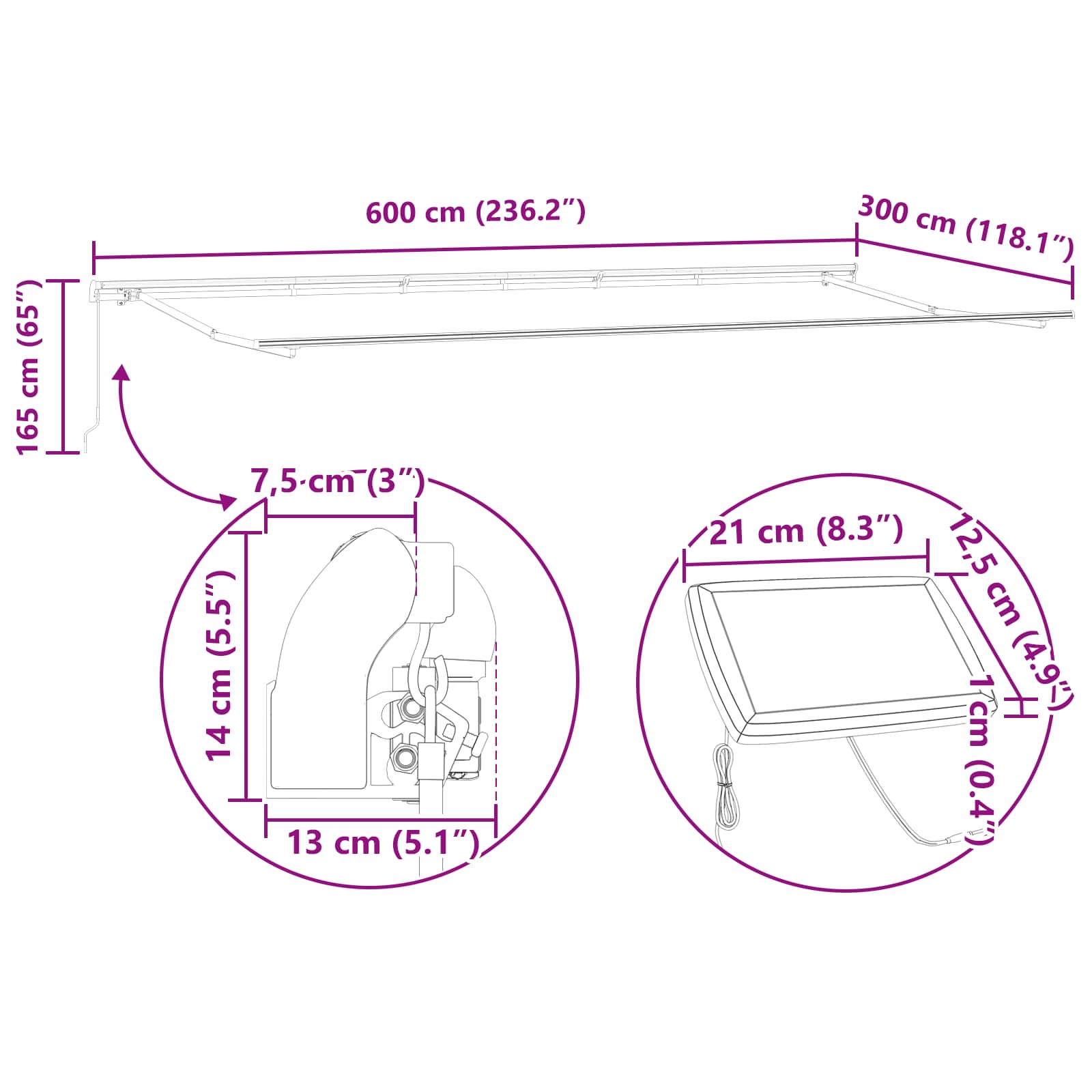 Povlačivi tende Šareni 600 × 300 cm Tkanina i Aluminij