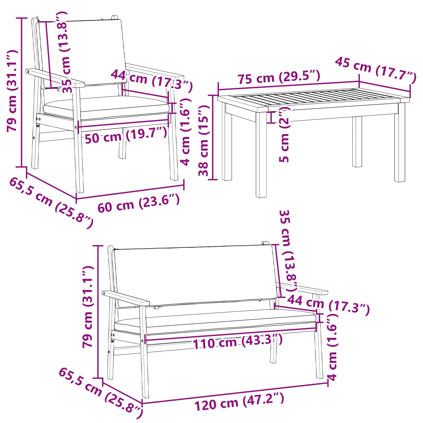 Sjedeća garnitura za vrt 4 pcs Smeđa 120 x 65,5 x 79 cm