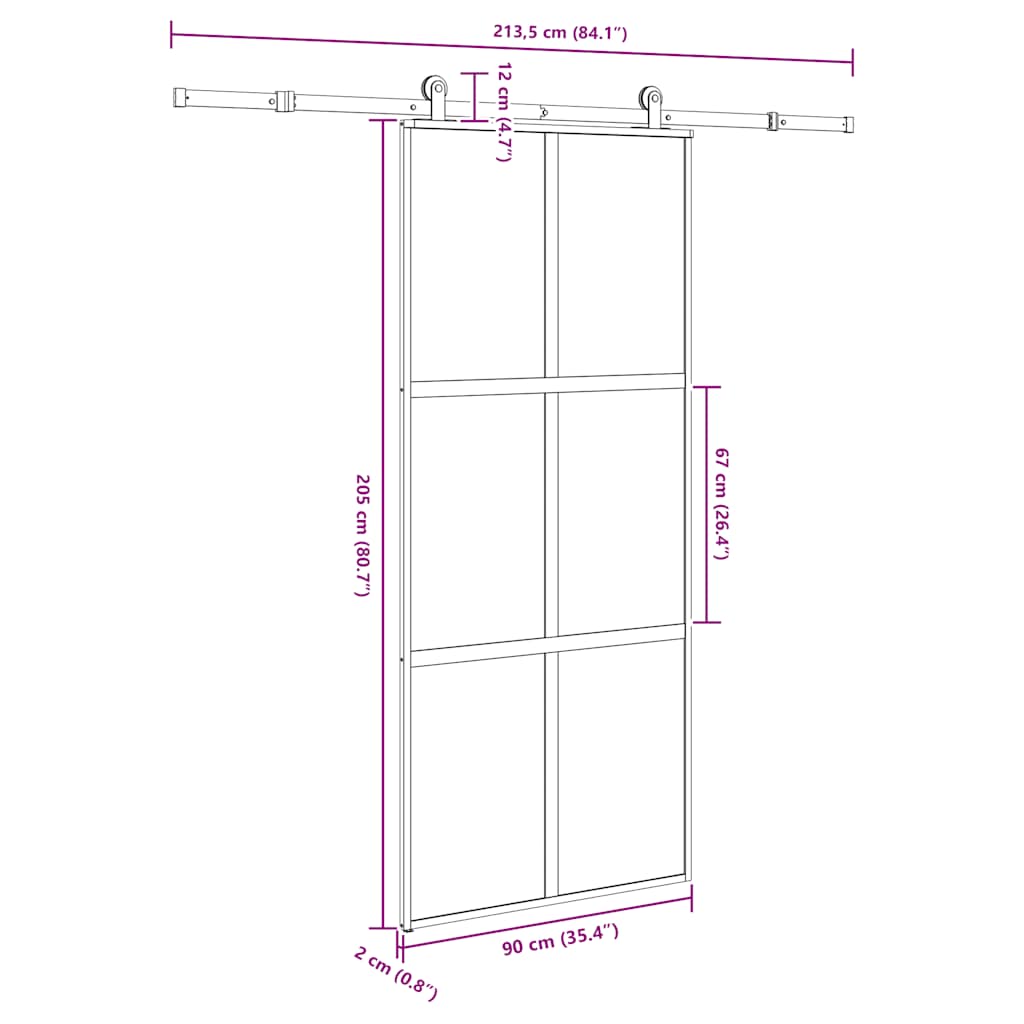 Klizna vrata s priborom 90 x 205 cm kaljeno staklo i aluminij
