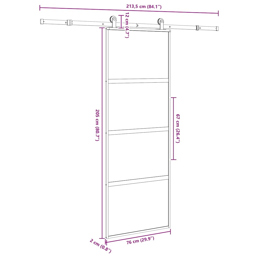 Klizna vrata s priborom 76 x 205 cm kaljeno staklo i aluminij