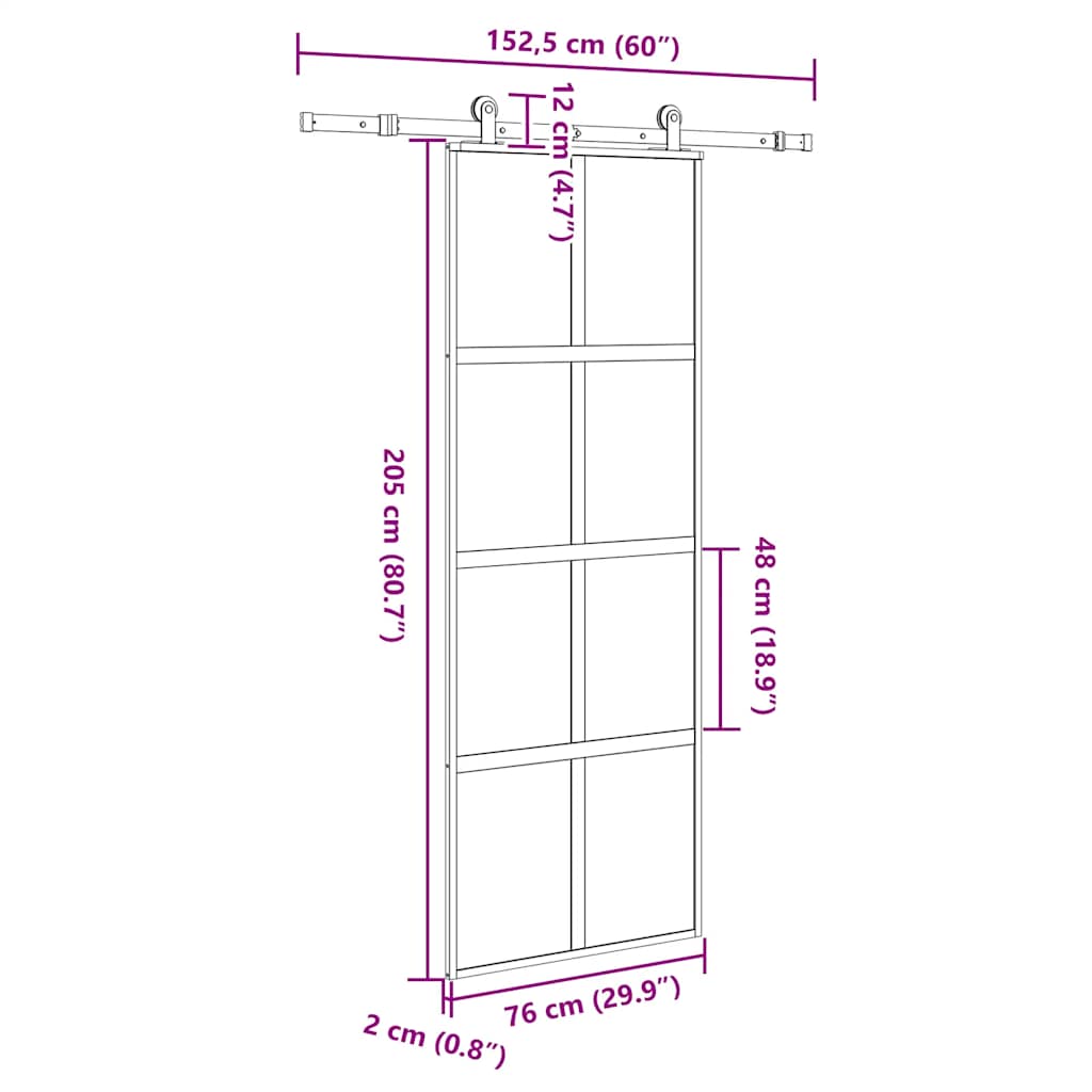 Klizna vrata s priborom 76 x 205 cm kaljeno staklo i aluminij