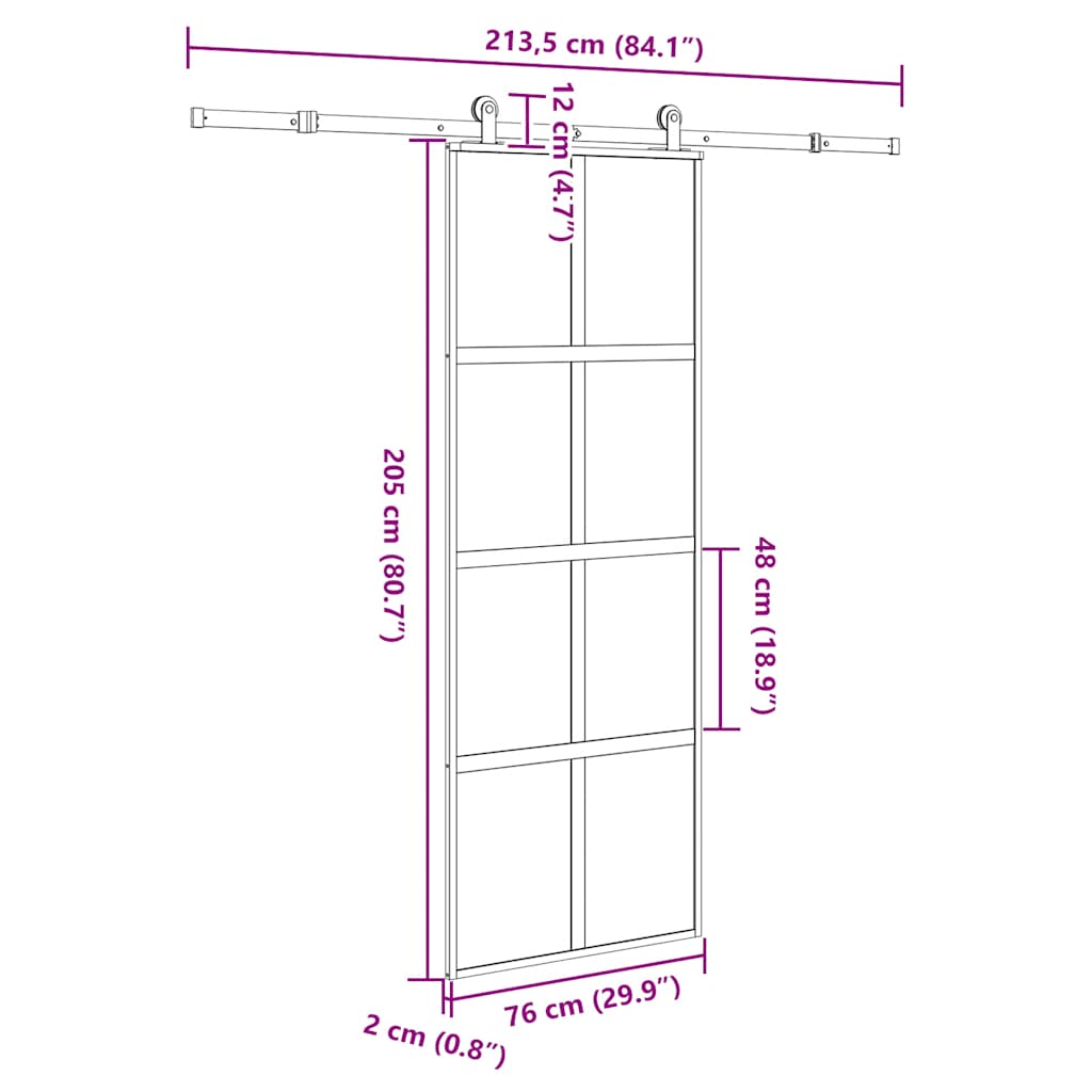 Klizna vrata s priborom 76 x 205 cm kaljeno staklo i aluminij
