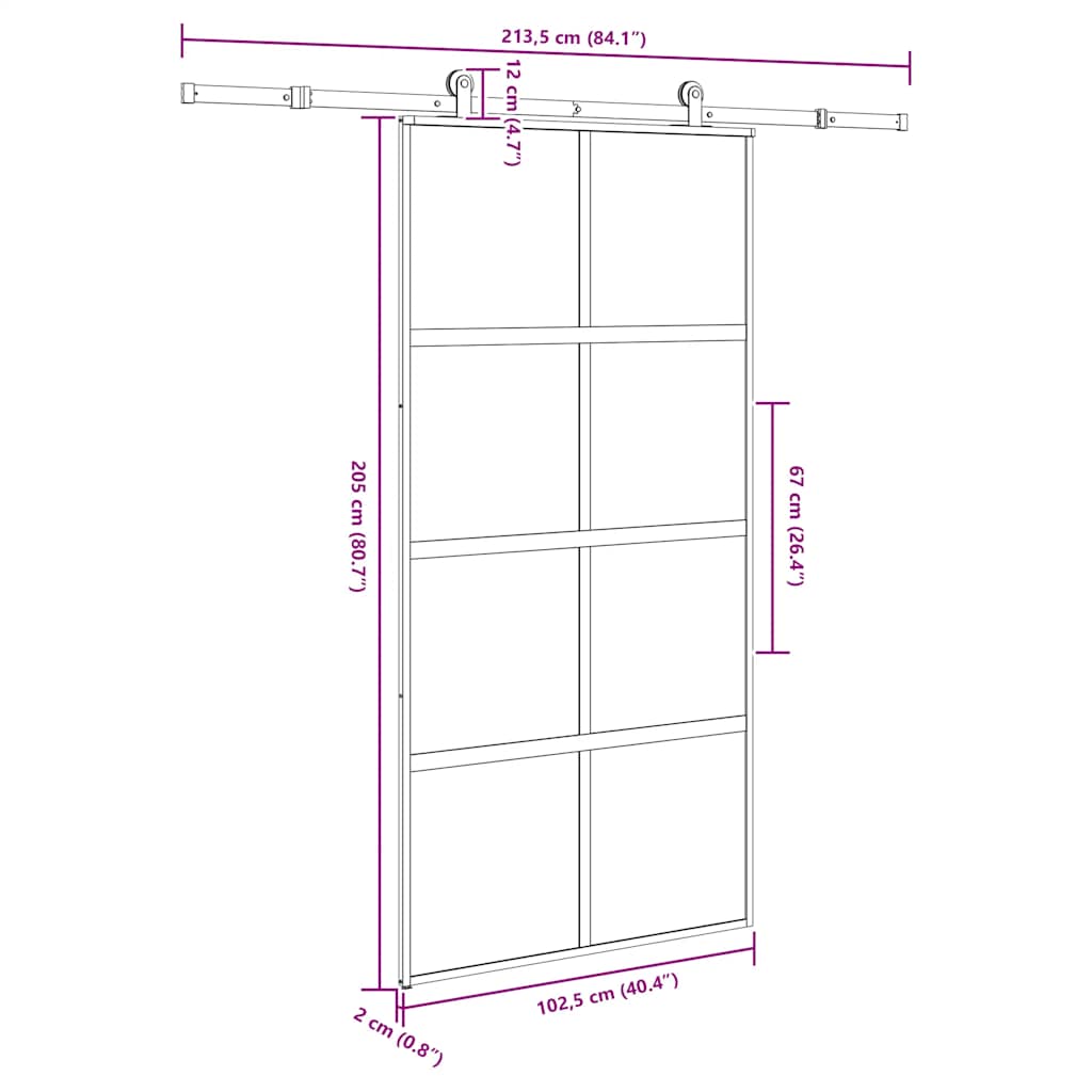 Klizna vrata s priborom 102,5x205 cm kaljeno staklo i aluminij