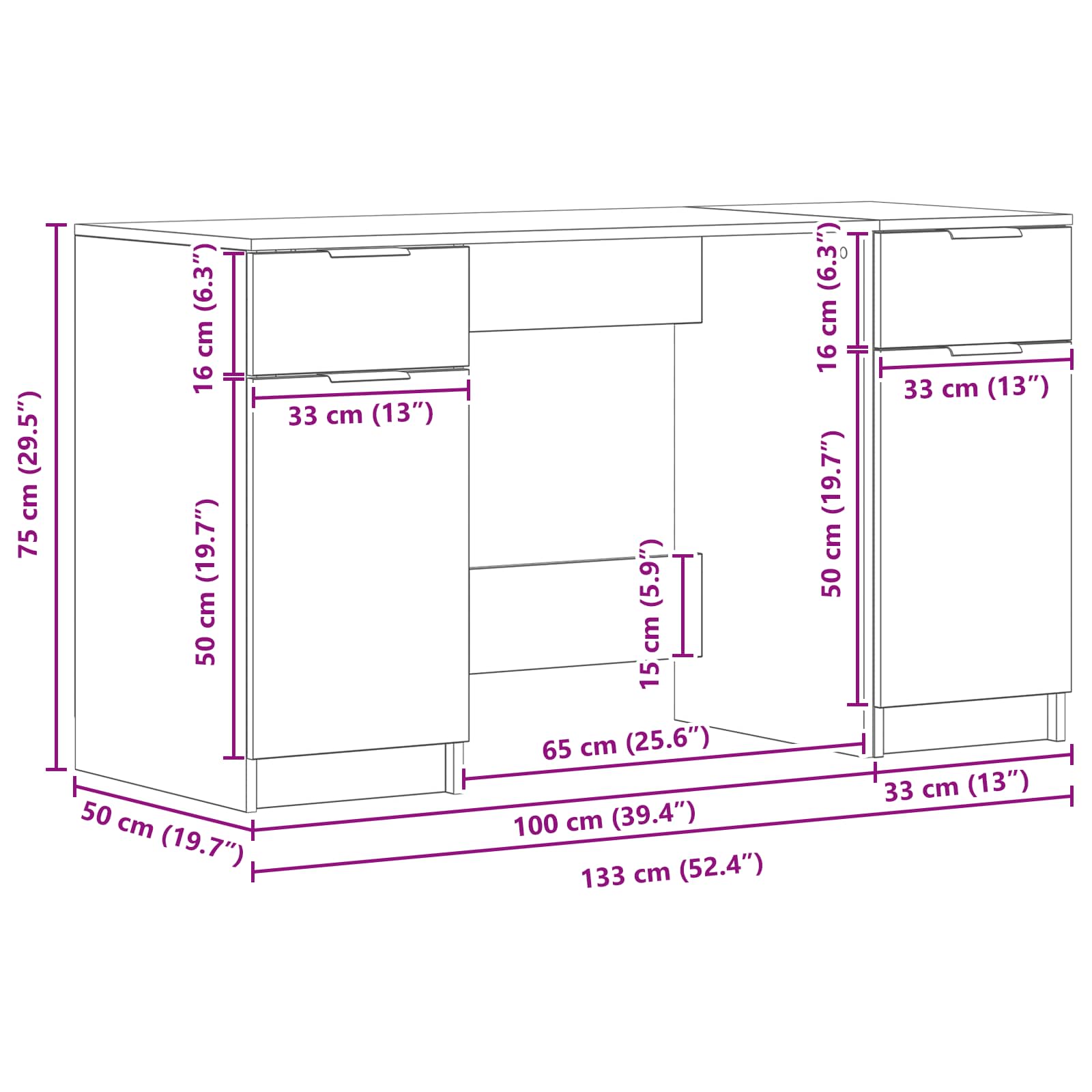 Stol s ladicama Crni hrast 133 x 50 x 75 cm Konstruirano drvo