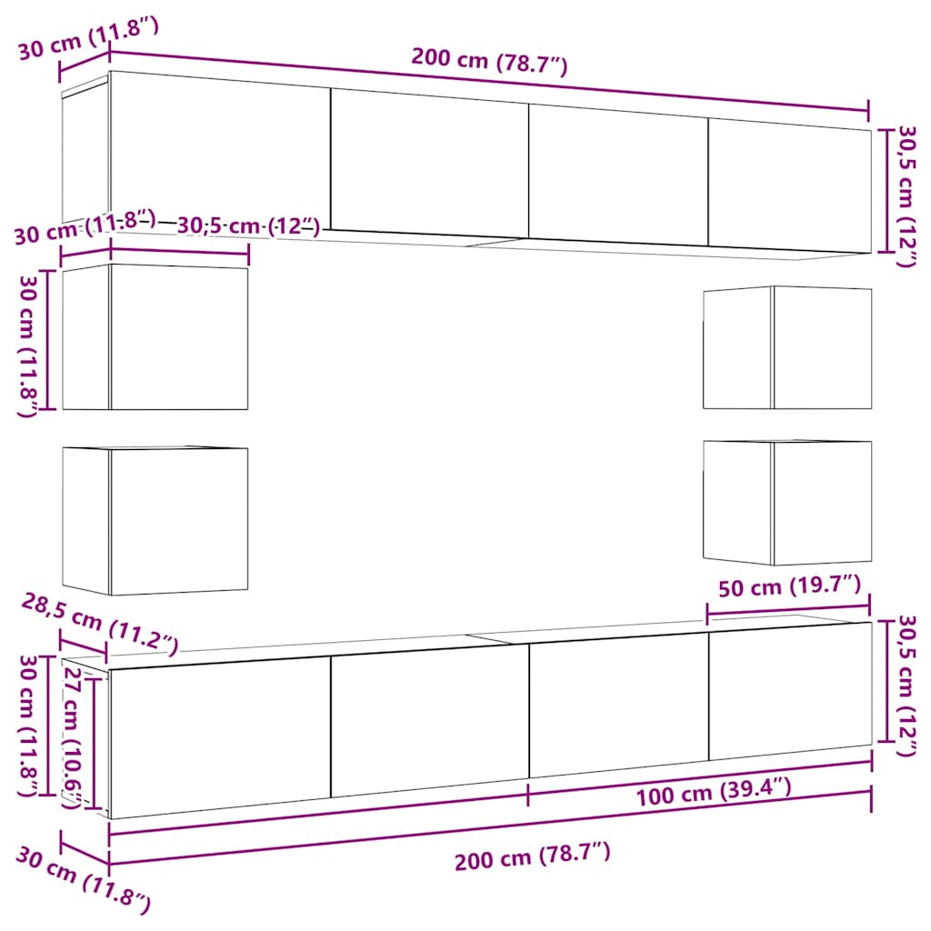 Set TV komoda Zidne 8 pcs Crni hrast Konstruirano drvo