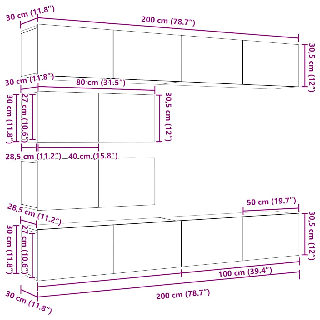 Set TV komoda Zidne 6 pcs Crni hrast Konstruirano drvo