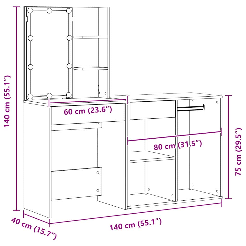 LED Set Toaletnog Stola s ladicama Crni hrast 140 x 40 x 140 cm