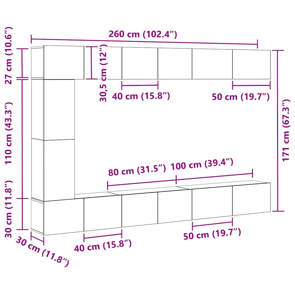 Set TV komoda Zidne 9 pcs Crni hrast Konstruirano drvo