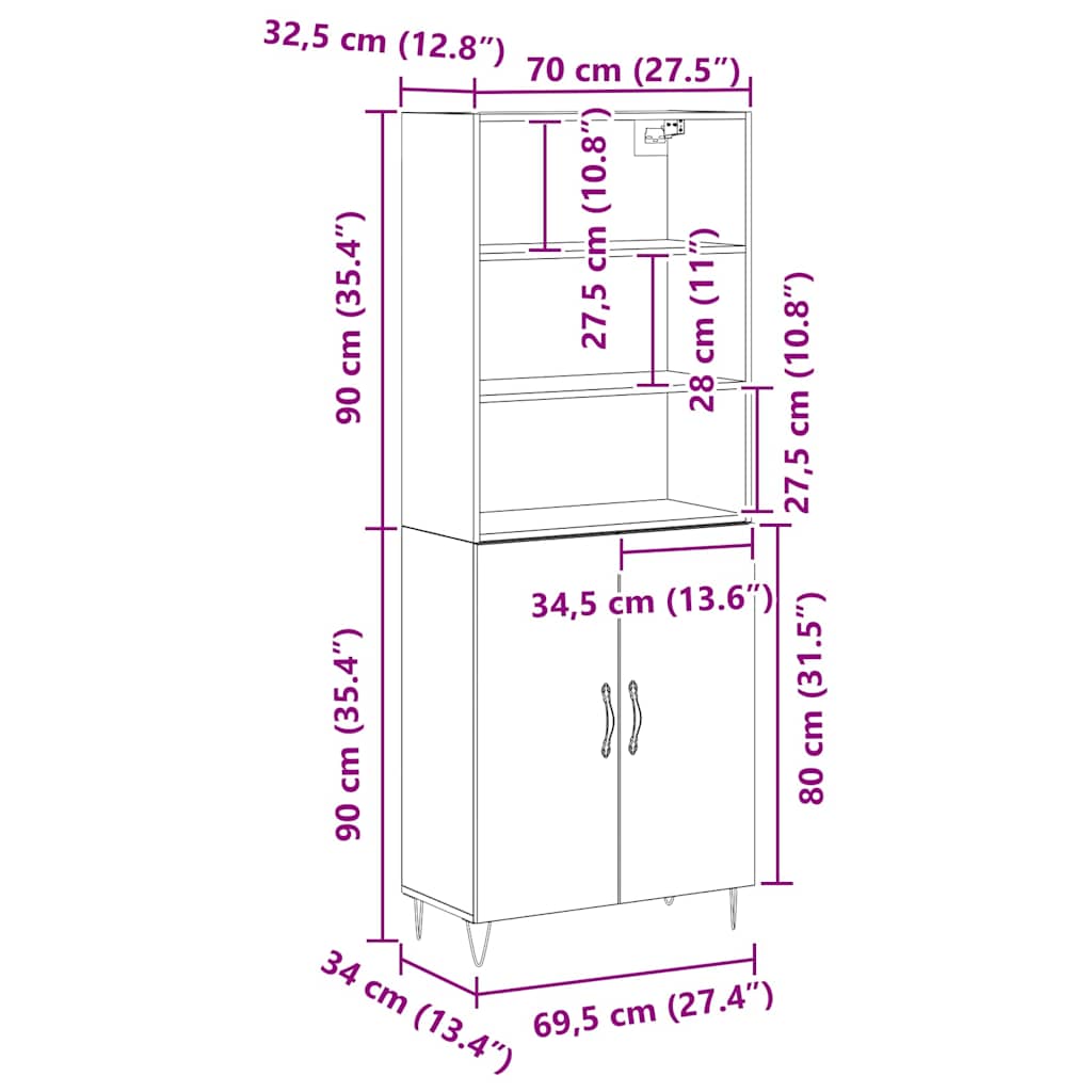 Highboard 2 pcs Crni hrast 69,5 x 34 x 180 cm Konstruirano drvo