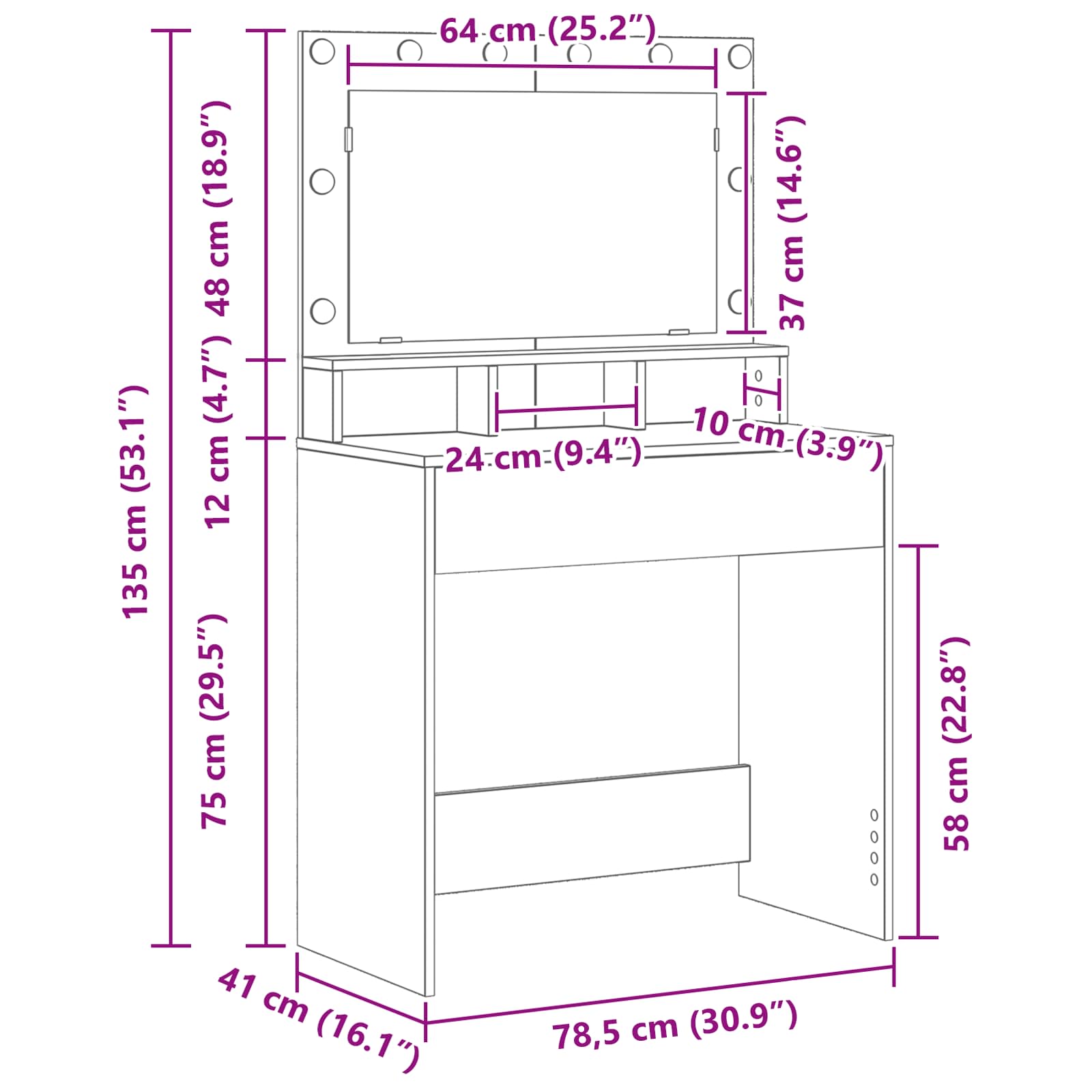 Toaletni stol s policom Betonski sivi 78,5 x 41 x 135 cm