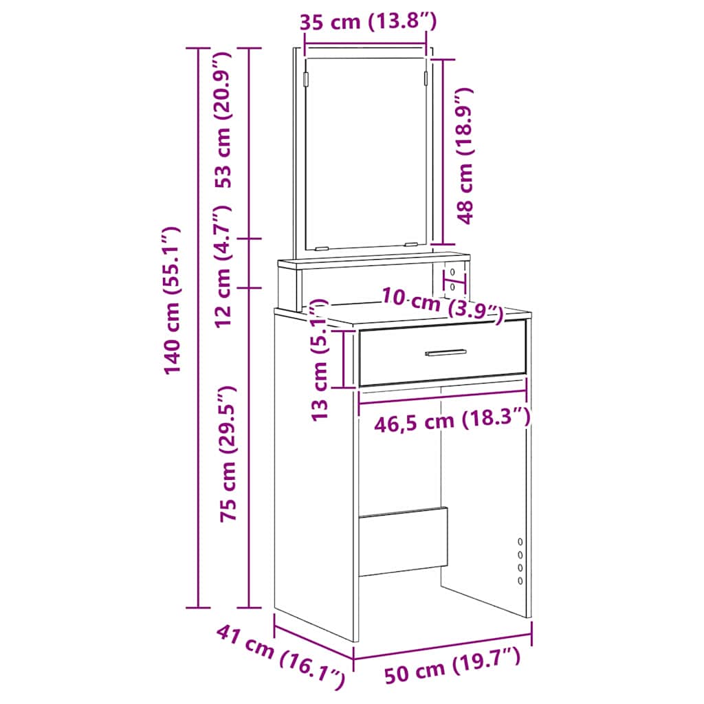 Toaletni stol Siva Sonoma 50 x 41 x 140 cm Konstruirano drvo