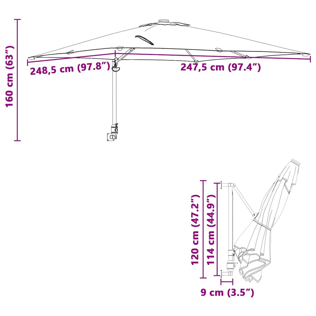 Vrtni suncobran Crna 248,5 x 247,5 x 160 cm Poliester i čelik