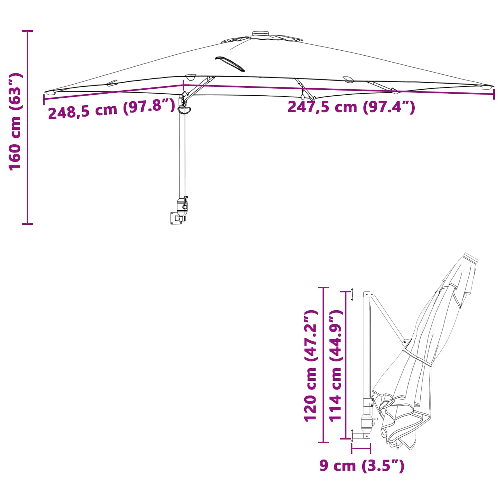 Vrtni suncobran S LED lampica Antracit 248,5 x 247,5 x 160 cm