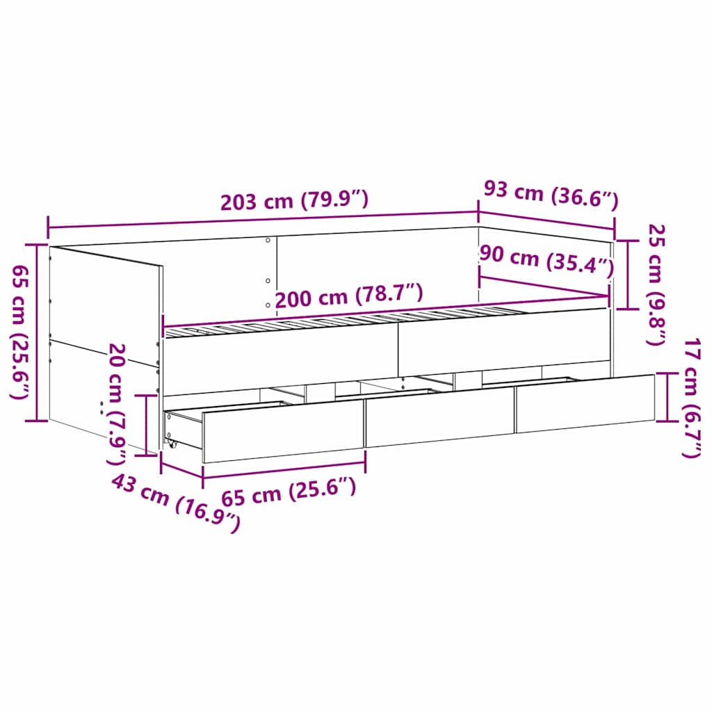 Krevet na dan Umjetnički hrast 90 x 200 cm Konstruirano drvo