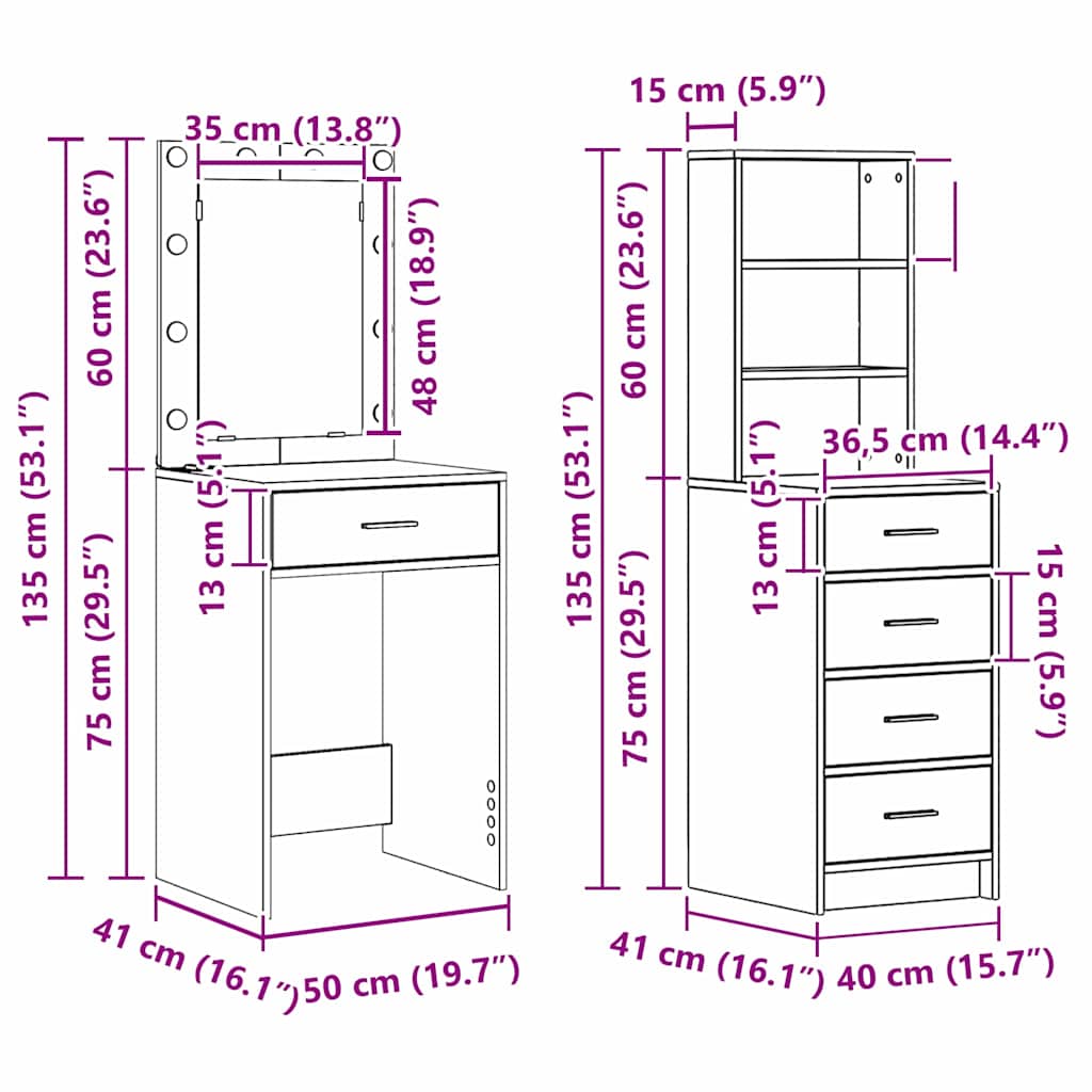 Toaletni stol 2 pcs Smeđa 50 x 41 x 135 cm Konstruirano drvo