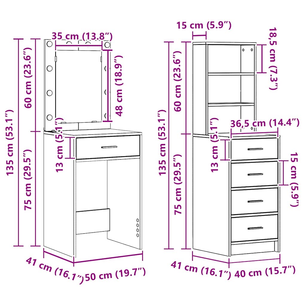 Toaletni stol 2 pcs Siva 50 x 41 x 135 cm Konstruirano drvo