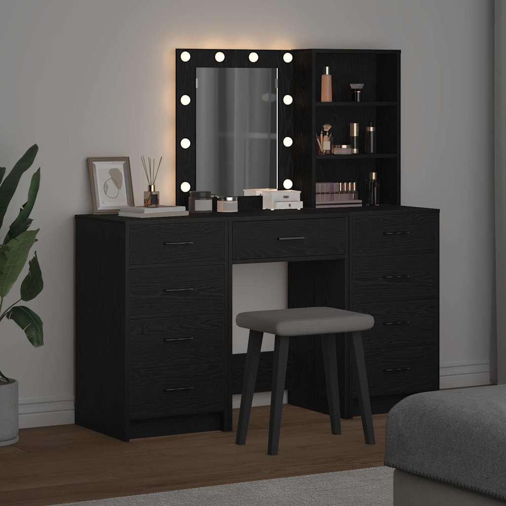 Toaletni stol s zrcalnim svjetlima 3 pcs Crna Konstruirano drvo