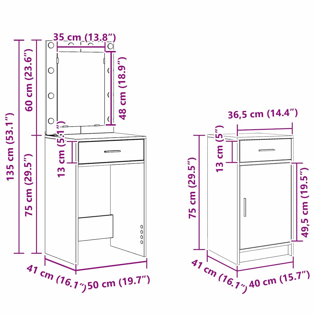 Toaletni stol 2 pcs Smeđa 50 x 41 x 135 cm Konstruirano drvo