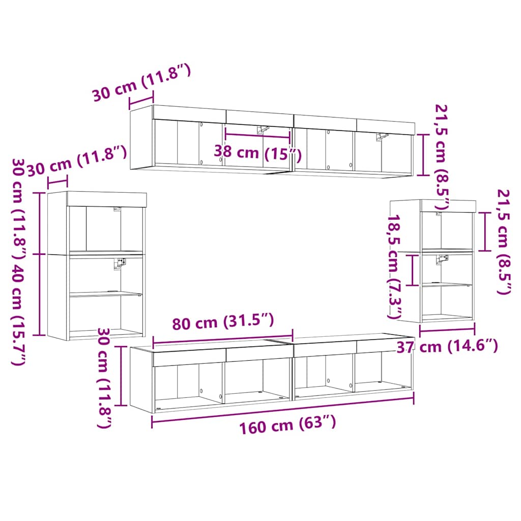 Set TV komoda S LED lampica 8 pcs Crni hrast Konstruirano drvo