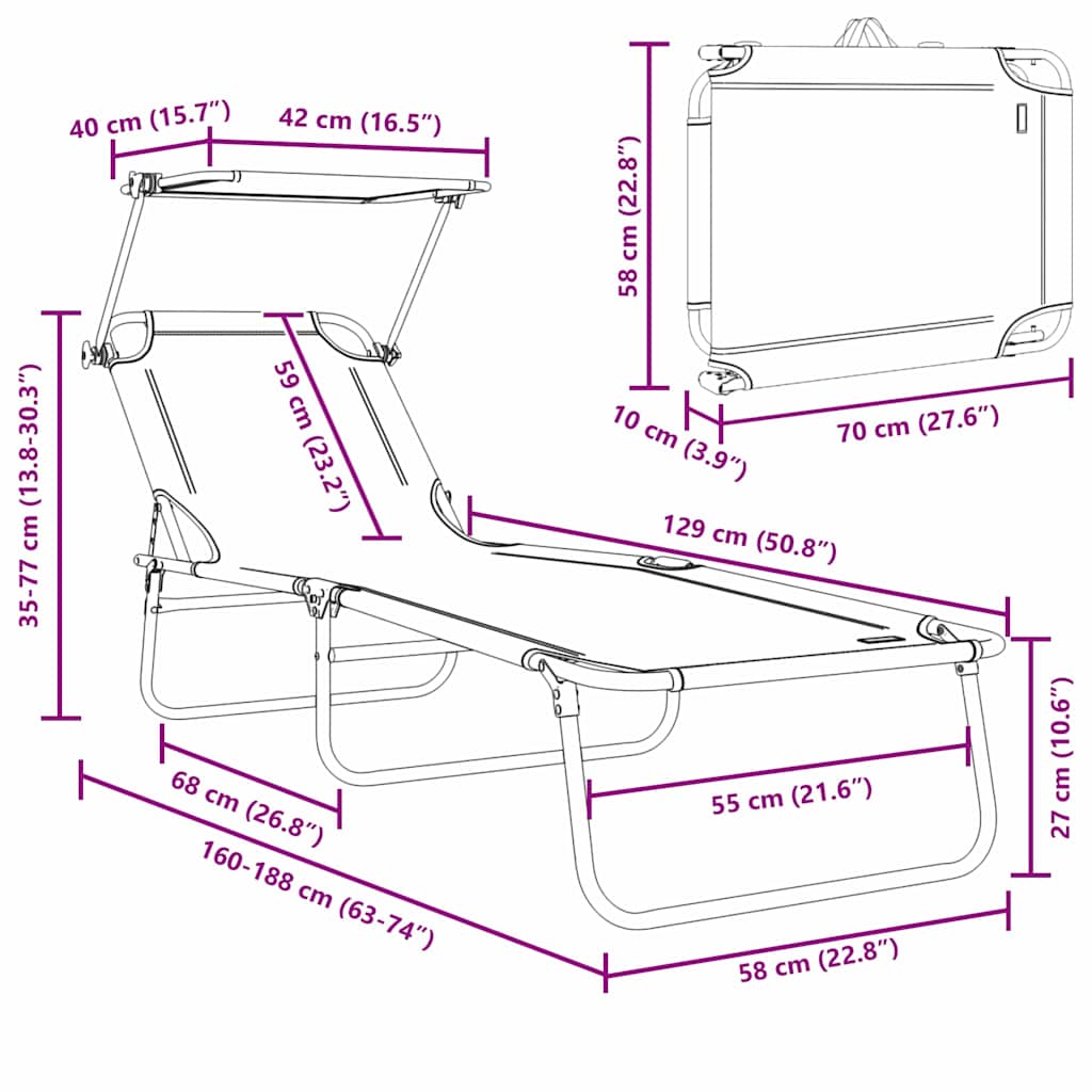 Ležaljka 2 pcs Siva 58 x 188 x 77cm Poliester