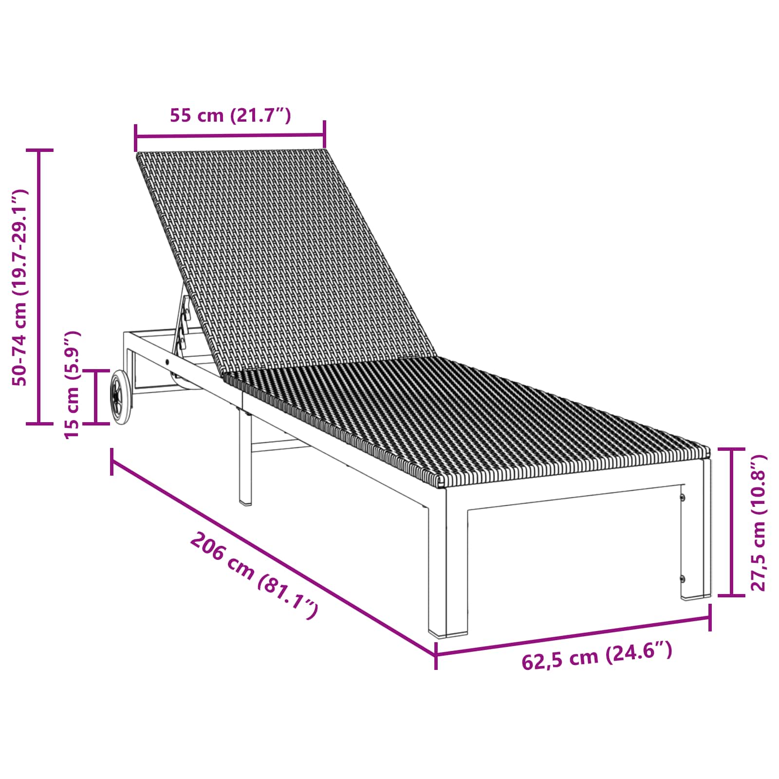 Ležaljka na suncu Crna 206 x 62,5 x 74 cm poliratan