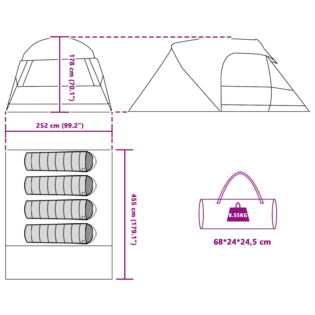 Šator Dome za 4 osobe s krovom Zelena 455 x 252 x 178 cm