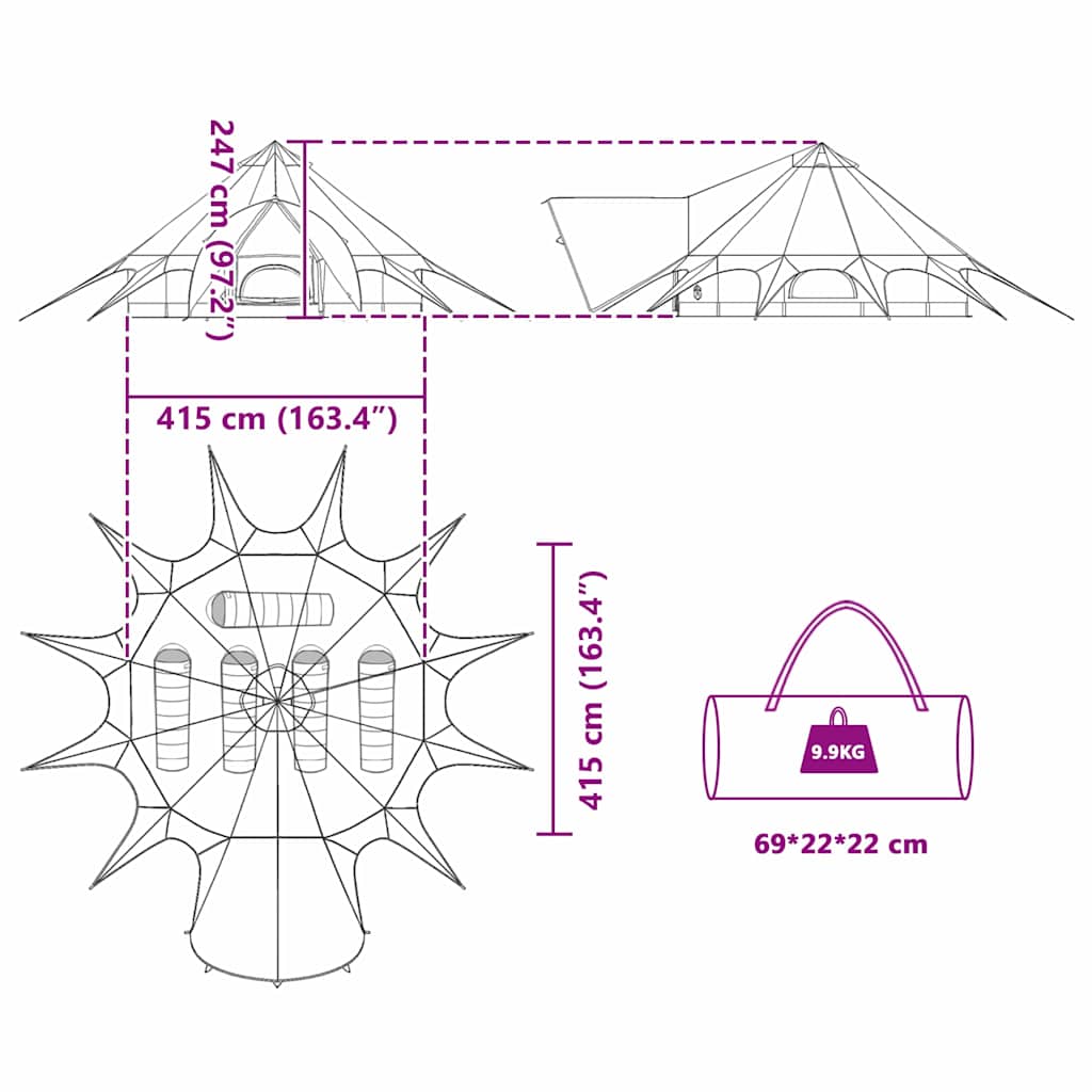Šator Teepee za 5 osoba Zelena i Siva 415 x 415 x 247 cm