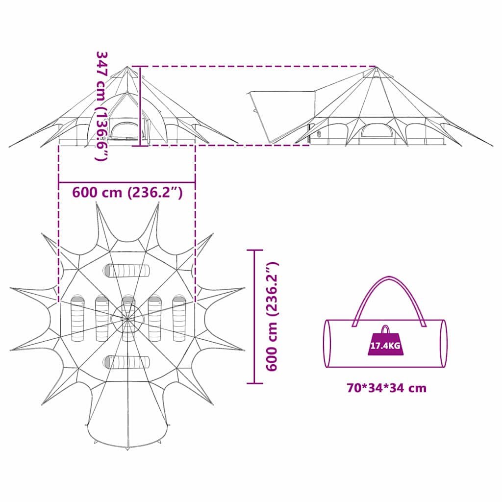 Teepee šator za 7 osoba Plava i siva 600 x 600 x 347 cm