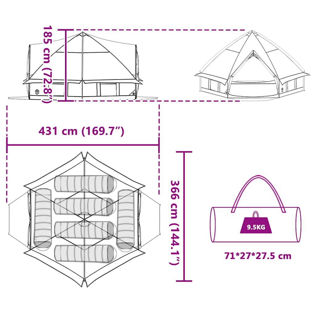 Šator Teepee za 6 osoba Zelena i bijela 431 x 366 x 185 cm
