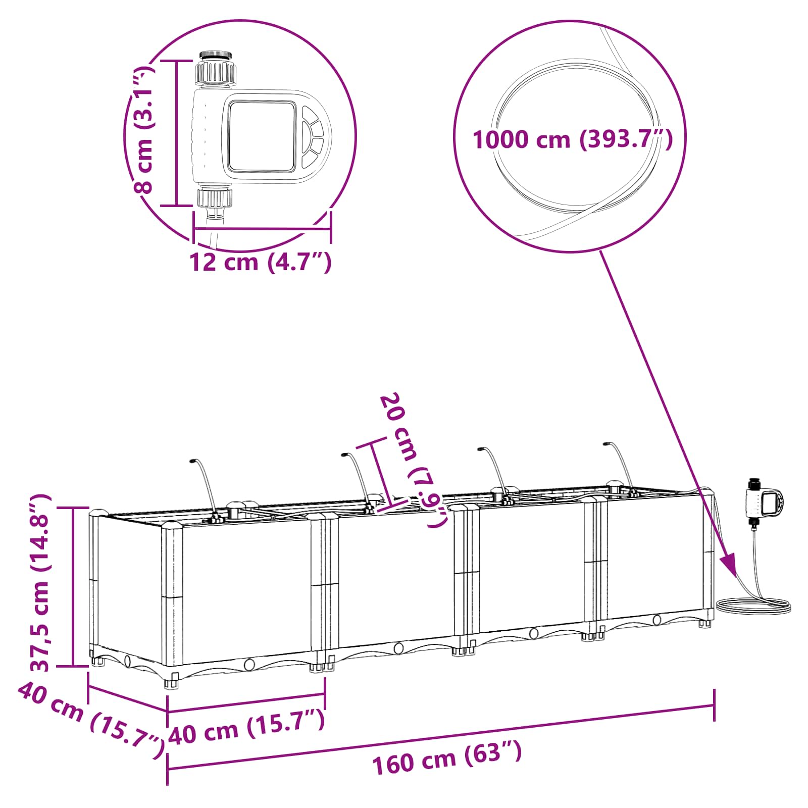 Vrtna saksija 4 pcs Sivi 160 x 40 x 37,5 cm Plastika