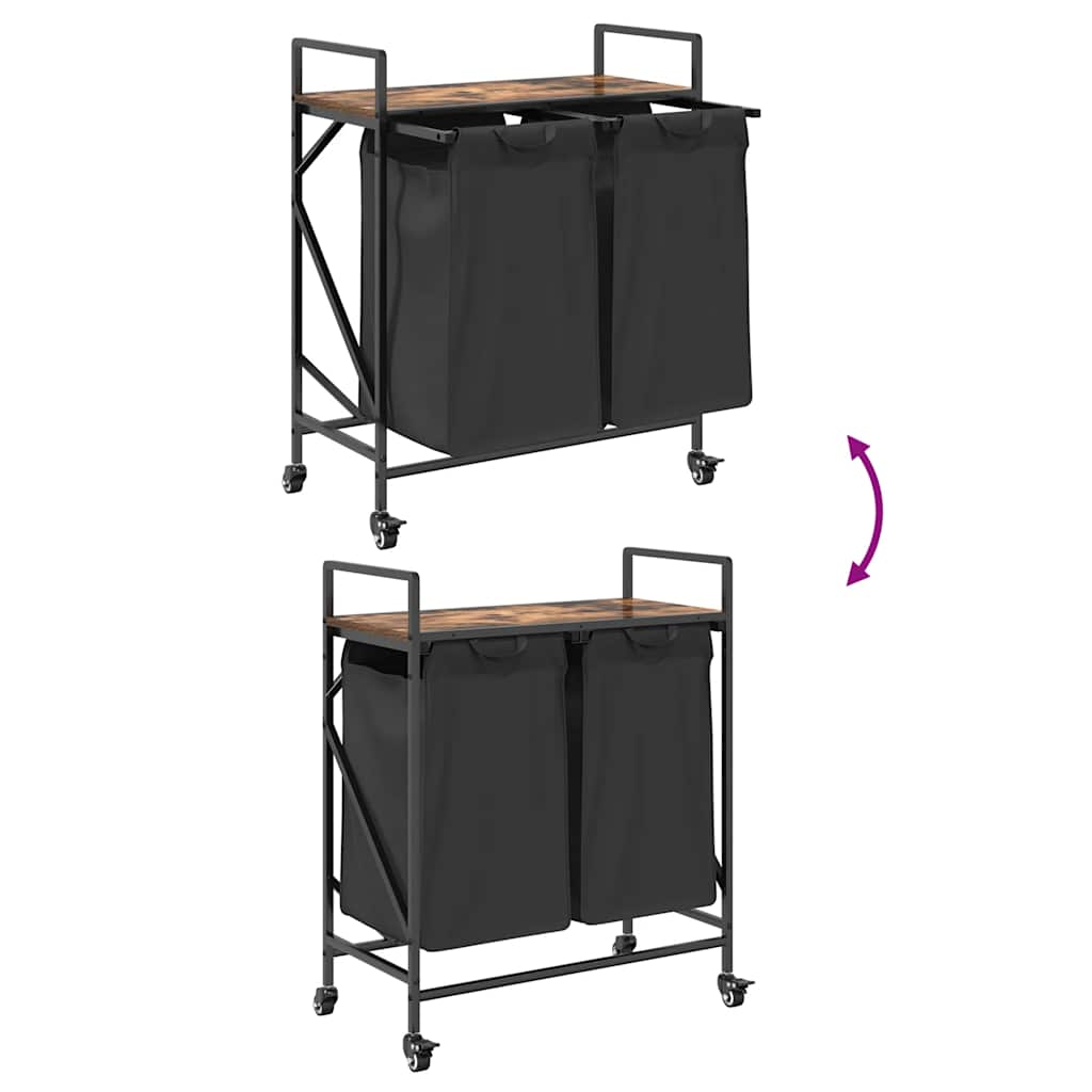 Košara za rublje s 2 pretinca i kotačićima, dimljena hrastovina