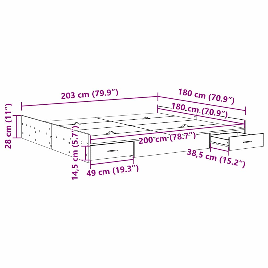 Krevet s ladicama Crni hrast 180 x 200 cm Konstruirano drvo