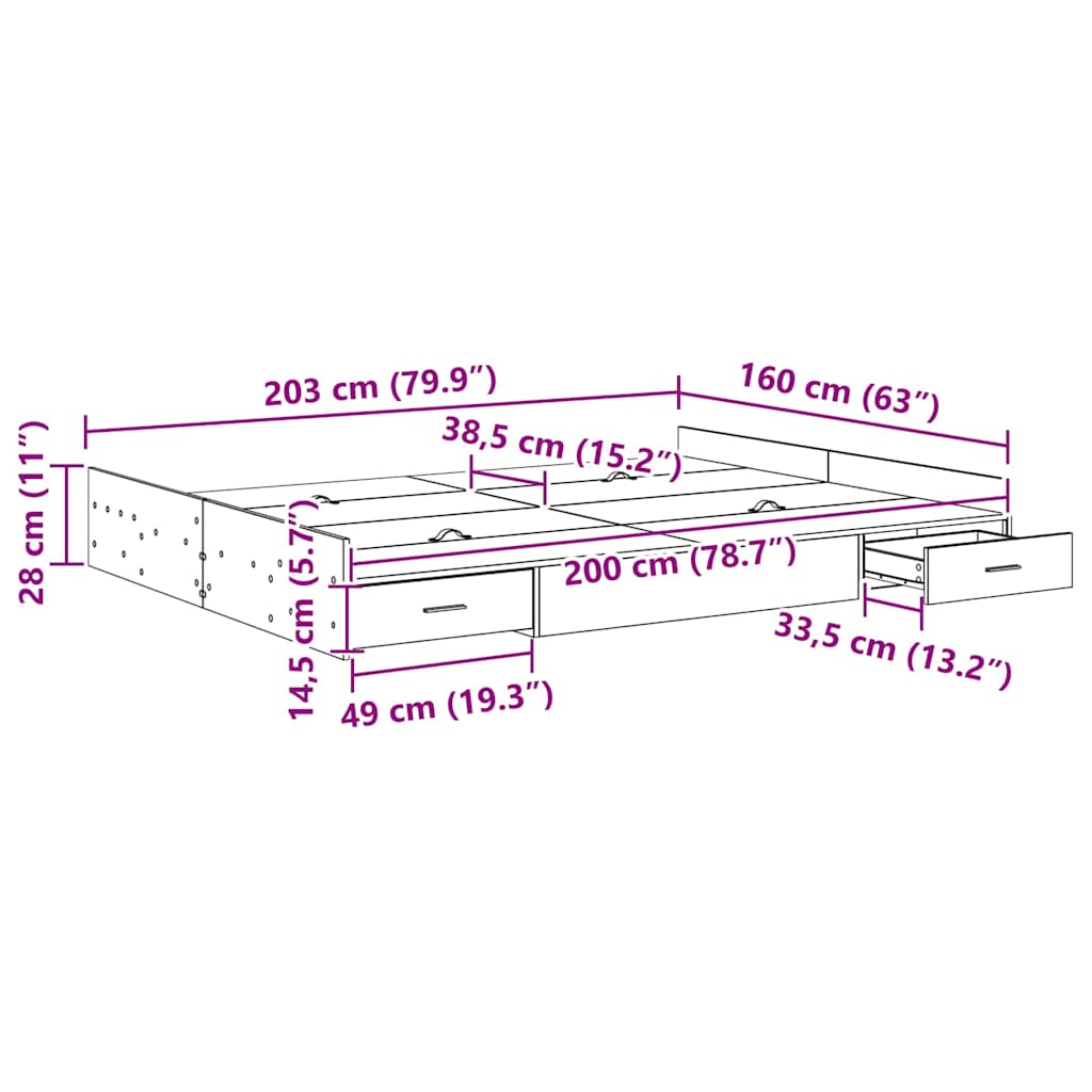 Krevet s ladicama s uzglavljem Umjetnički hrast 160 x 200 cm