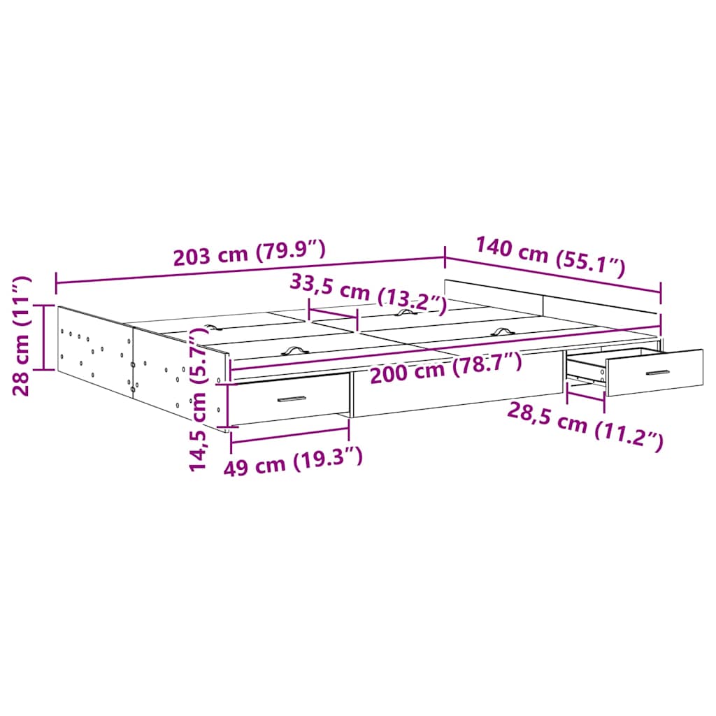 Krevet s ladicama Crni hrast 140 x 200 cm Konstruirano drvo