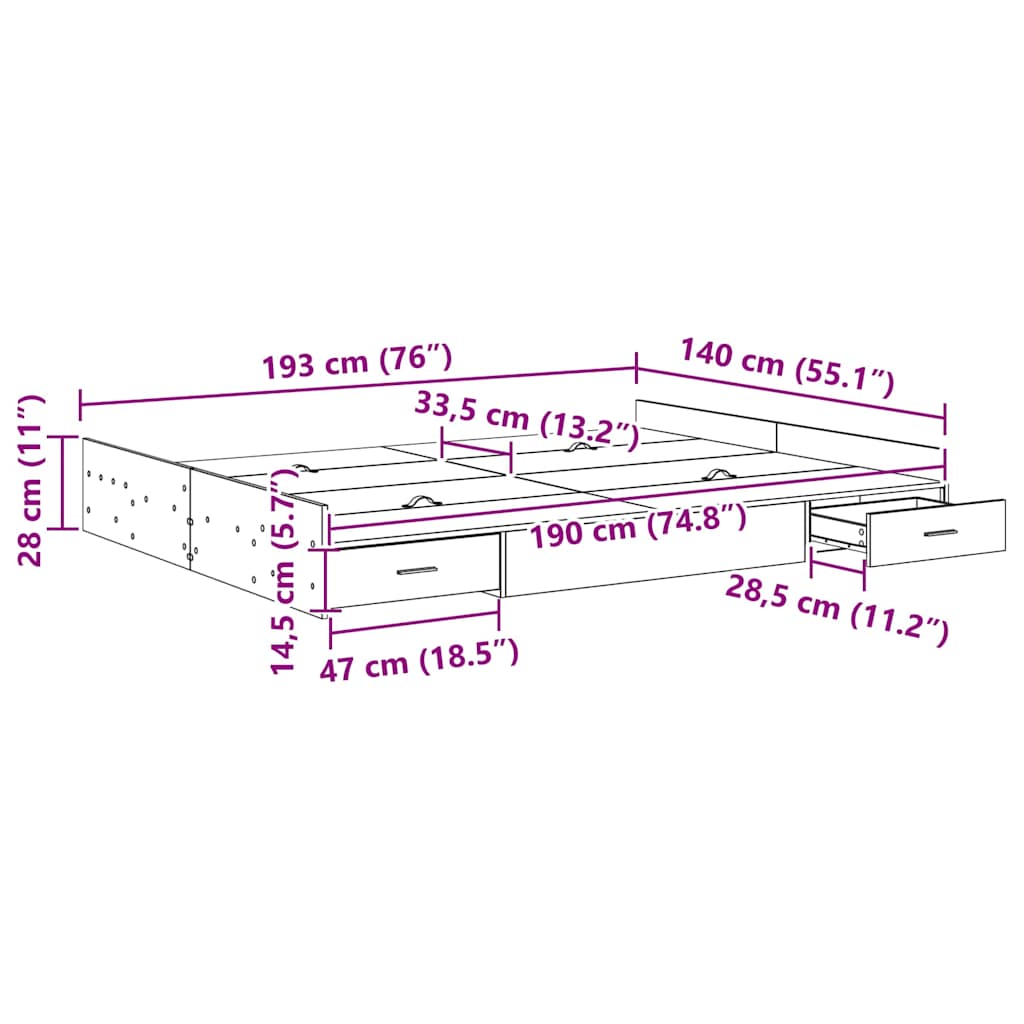 Krevet s ladicama Bijelo 140 x 190 cm Konstruirano drvo