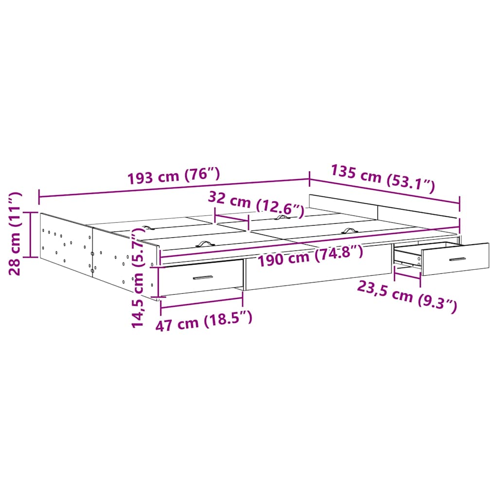 Krevet s ladicama Crni hrast 135 x 190 cm Konstruirano drvo