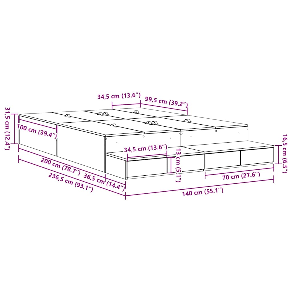 Krevet s ladicama Crni hrast 140 cm Konstruirano drvo